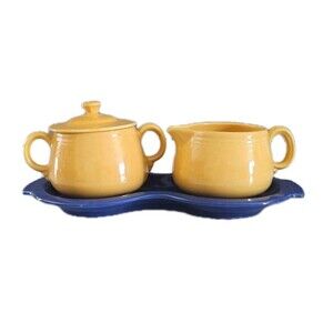 Vintage Fiesta Sugar And Creamer On Figure 8 Tray Promotional Set Cobalt Yellow